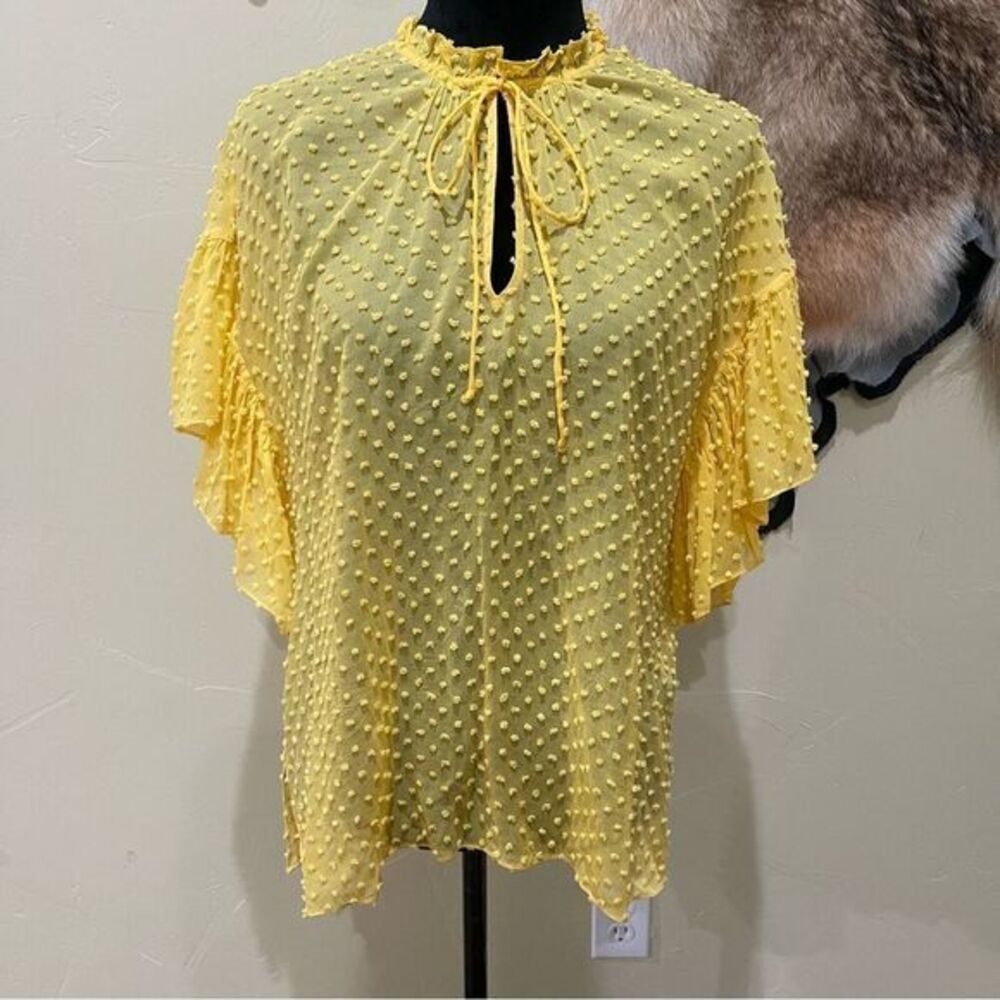 ALICE + OLIVIA Medium Julius Yellow Sheer Dot Dobby Ruffle Short Sleeve Blouse - Picture 1 of 5